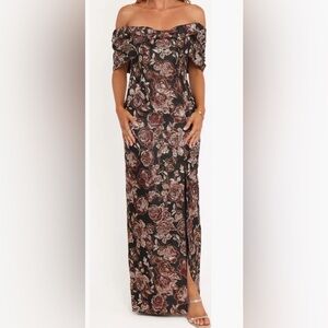 Lilia off the shoulder Maxi Floral Black and Brown Women's Dress